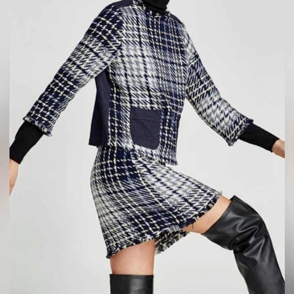 Zara Navy Gray White Tweed Fringe Mini Skirt - Picture 1 of 5